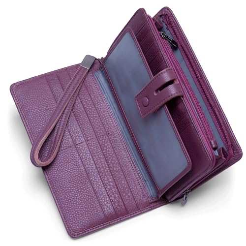 Bveyzi Women's Big Fat Rfid Leather Wristlet Wallet Organizer Large Phone Checkbook Holder with Zipper Pocket (Purple) - color: Purple