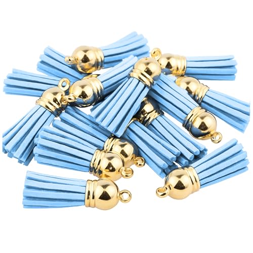 Mandala Crafts Gold Cap Light Blue Faux Suede Leather Tassels, 100 PCs - color: Gold Cap Light Blue Suede