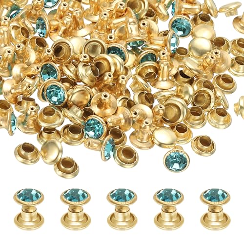 PATIKIL 6mm Leather Rivets, 70 Sets Rhinestone Rivet Studs Double Cap Spikes Rivet for Leather Crafting for Decor Repair DIY Clothing Belts Bags Shoes, Water Blue Gold Tone - color: Water Blue, size: 6mm