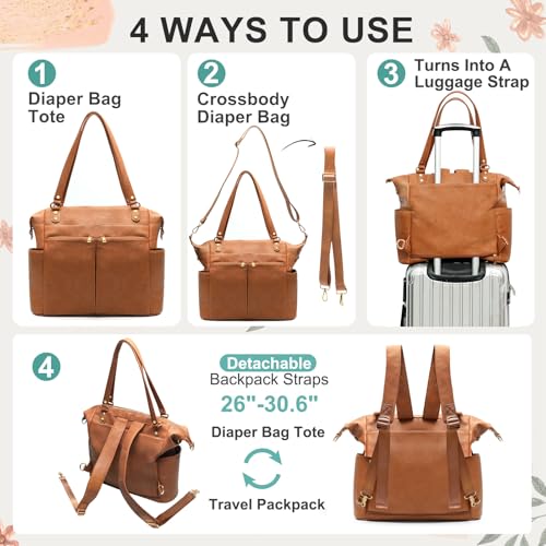 MOMINSIDE Diaper Bag Tote Convertible Diaper Bag Backpack Tote Leather | 4 in 1 Baby Bag Hospital bag 13 Pockets Travel Diaper Tote Pañaleras Para Bebe with Changing Pad for Mom & Dad(Brown) - color: Brown