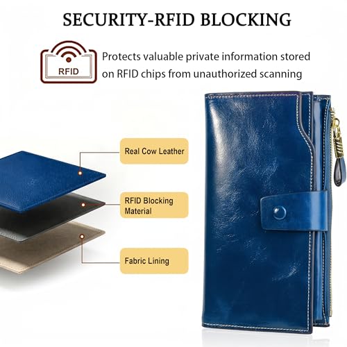 YALUXE Women's RFID Real Leather Wallet with 21 Card Slots Phone Pocket - color: 4- Waxed Blue, size: Genuine Leather