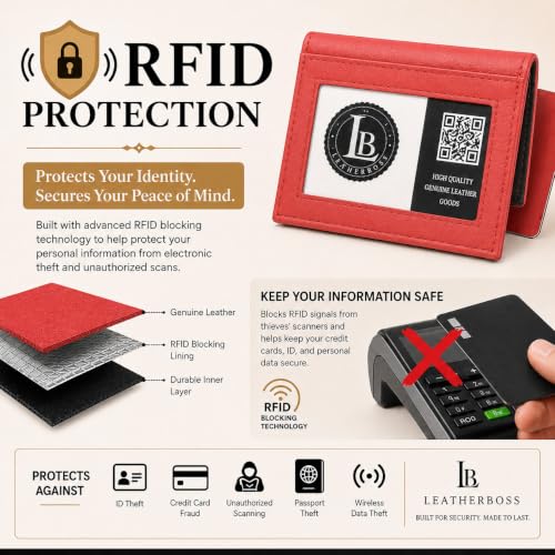 LB LEATHERBOSS Slim Thin Leather Credit Card Triple ID Window Mini Wallet Bifold Driver License Safe (Red) - color: Red