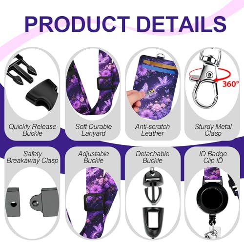 Butterfly Lanyard with ID Card Holders, Retractable Badge Reel with 360° Rotate Clip,RFID Blocking ID Badge Holder with Adjustable Breakaway Lanyard for Keys,Gift for Women Nurse Teacher Office,Purple - color: Butterfly Purple