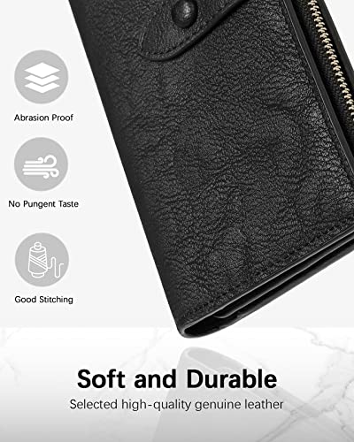 BOSTANTEN Womens Leather Wallet RFID Large Capacity Credit Card Holder | 4 ID Windows, 16 Card Slots, Zipper Coin Pocket, Clutch Wallet, Long Bifold, Ladies Gifts, Grey Black - color: B-Black-oil wax