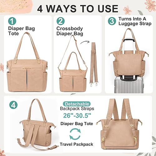 MOMINSIDE Diaper Bag Tote Convertible Diaper Bag Backpack Tote Leather | 4 in 1 Baby Bag Hospital bag 13 Pockets Travel Diaper Tote Pañaleras Para Bebe with Changing Pad for Mom & Dad(Camel) - color: Camel