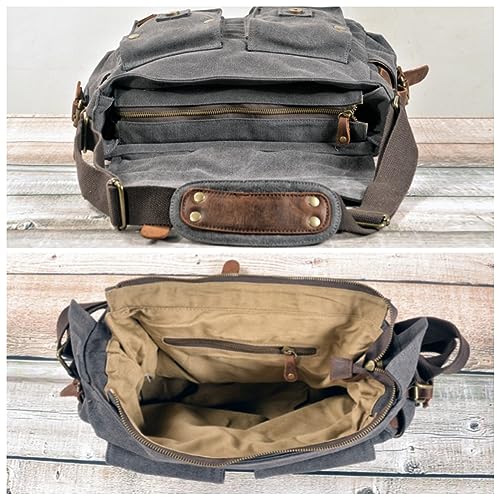 Canvas Messenger Bag, Vintage Genuine Leather Shoulder Bag, Briefcase Crossbody Satchel Purse Laptop Bag Medium | Vintage - color: Black