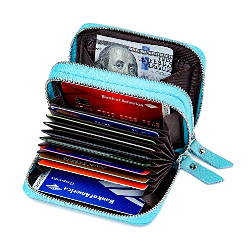 KALMORE Wallets for Women Genuine Leather Double Zipper RFID Blocking Purse with Coin Pocket - color: SkyBlue