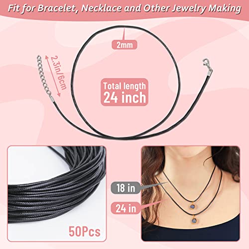 Paxcoo 50Pcs Black Waxed Cotton Cord, 24 Inch Necklace String Rope with Clasp, Bulk for Charms, Pendants, Bracelets, Jewelry Making Supplies and Beading Supplies - size: 24 Inches