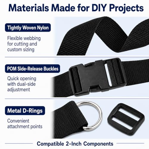 RNKP 2-Inch Buckle and Strap Kit, 12 Yards Nylon Webbing, D-Rings - size: 2" 12 Pcs Buckle Set