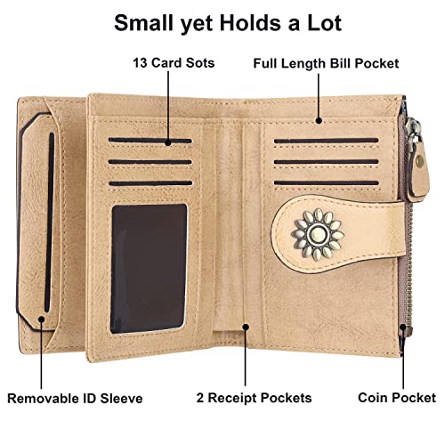 Womens Leather Wallet Small Compact RFID Blocking Credit Card Case Purse with Zipper Pocket | Small - color: Light Khaki