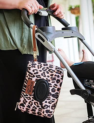 Bumco Portable Diaper Clutch Bag with Built-In Baby Wipes Dispenser | Airtight refillable wet wipes dispenser container. Portable travel wristlet pouch strap for quick cleanups on the go. - color: Leopard