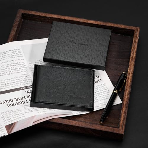 Travelambo Genuine Leather Wallet for Men with Gift Box - Handmade Bifold Stylish - Mens Wallets Rfid Blocking with 2 ID Windows - color: Cross Texture Black