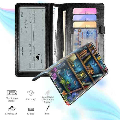Check Book Cover for Personal Checkbook, Leather Business Checkbooks Plastic Insert Flap Card Holder Pen Hoop Holder with RFID Blocking Slim Wallet for Women Men, Blue Book Butterfly - color: Blue Book Butterfly