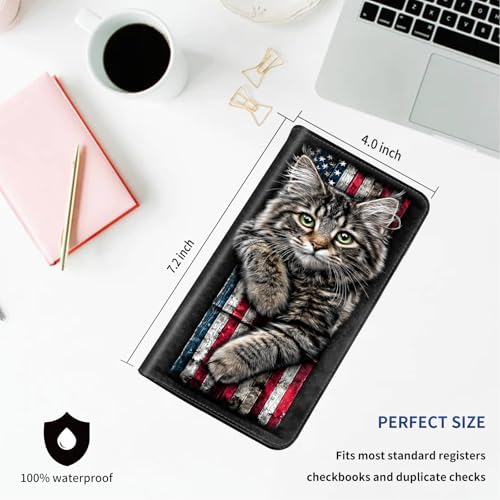 DEGDFSGR Checkbook Cover PU Leather Checkbook Covers for Women for Duplicate Checks, Check Book Covers with RFID Blocking Function for Personal Checkbook, American Flag Cat - color: American Flag Cat