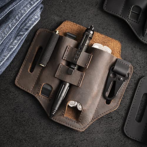 Gentlestache Multitool Belt Sheath, EDC Leather Belt Organizer, Belt Holder with Multitool Pouch, Flashlight Holder, Pen Holder and Keychain Clip, Practical EDC Belt Pouch for Men - color: B-Dark Brown