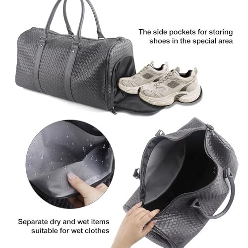 Weekender Bags for Women Woven Leather Travel Duffle Bag Gym Tote (Gray) | Carry On Bag for Men with Shoe Compartment Dry and Wet Separation - color: Gray