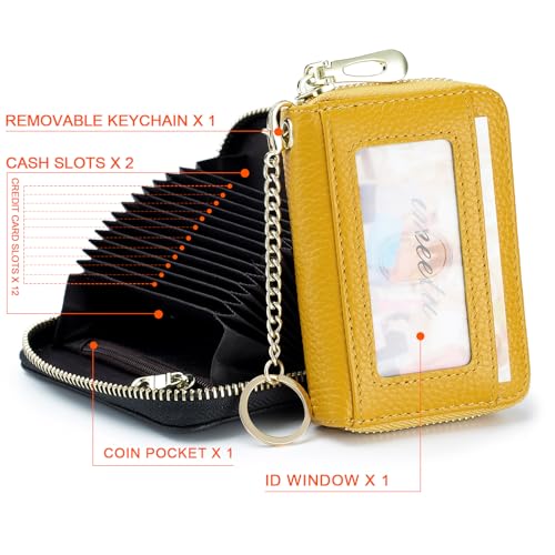 imeetu RFID Credit Card Holder, Small Card Wallet Women, Leather Card Case | Genuine Leather Women's Card & id Cases, Change Coin Purse with Zipper Keychain id Window, 20 Colors & 3 Styles, Daily, Gifts - color: Pro - Yellow, size: Pro