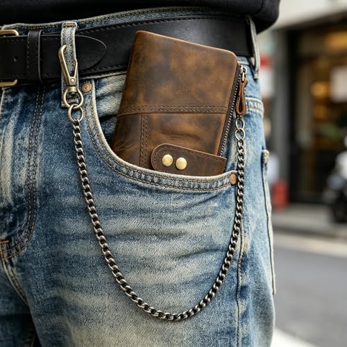 Motorcycle Chain Wallet for Men Tri-fold Long Biker Wallet with Heavy Duty Chain for Bikers Truckers Hunters - color: 50-Brown