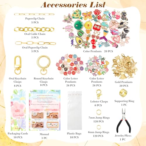 Ecoofor 397 Pcs Keychain Making Kit for Kids & Adults — Includes 16 Keychain Clips, 15 Extender Chains, 107 Charms, Beading Accessories, Jewelry Pliers — DIY Bag Charms & Jewelry Craft Kit Supplies - color: Gold-397Pcs Kit