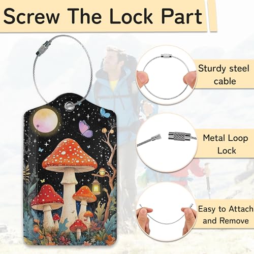 3 PCS Mushroom Luggage Tags,Colorful Butterfly Moon Star Suitcase Tags Privacy Cover ID Label with Stainless Steel Loop and Address Card for Travel Bag Suitcase - color: Mushroom Colorful Butterfly Moon Star