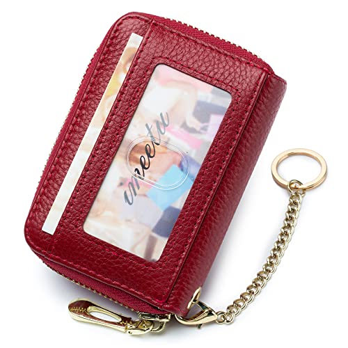 imeetu RFID Credit Card Holder, Small Card Wallet Women, Leather Card Case | Genuine Leather Women's Card & id Cases, Change Coin Purse with Zipper Keychain id Window, 20 Colors & 3 Styles, Daily, Gifts - color: Pro - Red, size: Pro