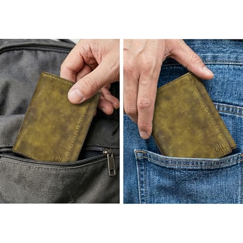 Trifold Leather Wallet for Men - RFID Slim Minimalist Front Pocket 6 Slots - color: Wash Green