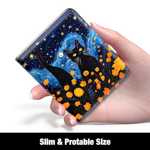 Rouidr Womens Wallet, RFID Small Slim Wallet for Women, Cute Bifold Leather Pocket Credit Card Holder Ladies Mini Purse with Zipper Coin Pocket & ID Window, Starry Sky Cat - color: Starry Sky Cat