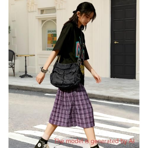 Canvas Messenger Bag for Women, Grunge Bag with Fairy Grunge Bracelet, Crossbody Bag with Bracelets Fairy Grunge Clothes - color: Black