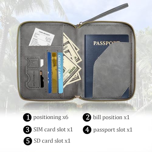Passport Holder for Travel Wallet,RFID Detachable Wrist Strap Wallet | Leather Travel Card Sleeve for Men Women - color: Gray