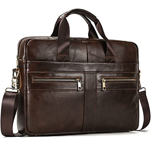 Genuine Leather Briefcase for Men, Laptop Computer Shoulder Bag With Strap, 15.6 Inch Business Travel Work Handbag - color: 3316 Brown