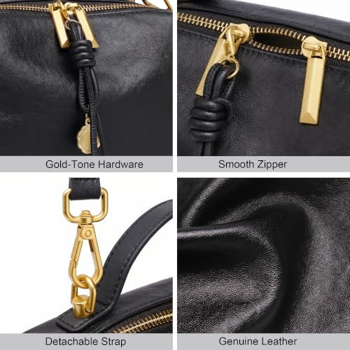 Genuine Leather Shoulder Bag for Women Small Top Handle Bag Crossbody Purse | Smooth Double Zipper Detachable Adjustable Strap Gold-Tone Hardware and Organized Three-Compartment Interior - color: Black