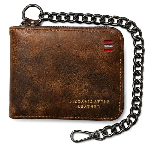 Men Leather Wallet With Zipper Chain Attached, Card Holder + Coin Pocket | Coffee Brown Mens Front Pocket With 11.8" Anti-Theft Chain, 9 Card Slots, 2 Clear ID Window, Coin Pocket and Gift Box Pack - size: Chain Wallet