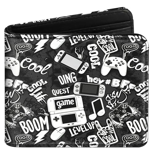 Bistup Teen Boys Cool Wallet - Men Mens Funny Game Design Leather Credit Id Card Cash Holder Man Black Rfid Blocking Zipper Wallets With Coin Pocket Id Window Aesthetic Teen Boy Male Youth Guys - color: Doodle Game