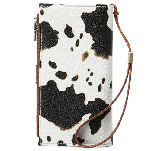 Women Leather Wallet Crossbody Shoulder Bag with Double Zipper and Mobile Phone Purse with Shoulder Strap - color: 355-cow Pattern
