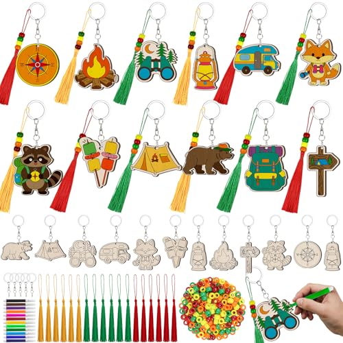 Cinrobiye 24 Set Camping Party Favors Camp Keychain Craft Kits Bulk Happy Camper Wooden Paint Keychains with Colored Pens for Outdoor Adventure Birthday Party Supplies Summer Home School Art Activity - style: Camper