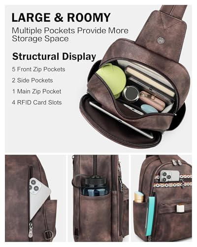 Large Sling Bag for Women, Designer 10L Leather Crossbody Purse | Anti Theft Sling Backpack, RFID Fanny Packs for Travel, Ideal for Vacation Walking Daily Errands - color: Coffee Brown Retro Style