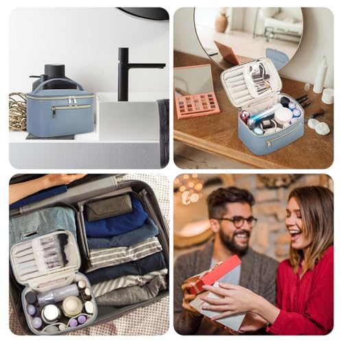 Wandering Nature Makeup Bag, Travel Make Up Organizer Cosmetic Brush Bags Case for Women in Vegan Leather, Grayish Blue, Patent Pending | Portable Make Up Essentials Organizer, Brush Bags for Skincare Cosmetic Lipstick, Eco Vegan Leather, Grayish Blue - c