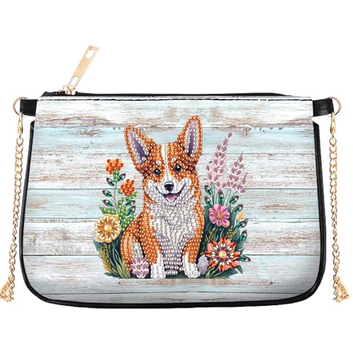 POETRYDRAW 5D DIY Diamond Art Purses Diamond Art Kits for Adults, Flower Puppy Shoulder Makeup Bag Chain Leather Clutch Purse, Holiday Birthday