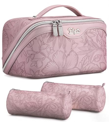 BOYATU Travel Makeup Bags Cosmetic Organizer Bag: 3-Set Make up Bag | Large Capacity PU Leather Toiletry Bags for Women - Wide Open Portable Pouch with Divider & Handle(Purple) - color: 01-Z-Light Purple