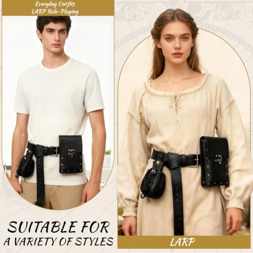 Renaissance Belt Pouch Medieval Pirate Costume Accessories Set for Cosplay | Viking Faux Leather Waist Bag, Skirt Hike Clips, Perfect for Women and Men Ren Faire, LARP, Fantasy, Halloween - color: Black-M