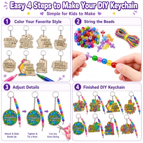 Cinrobiye VBS 2026 Wooden Keychain Craft Kit, 24 Sets Color Your Own Jesus Light of the World Keychains with Beads, Christian Craft for Sunday School, Bible Class, Church VBS Activities - style: VBS