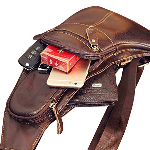 Leather Sling Bag Backpack for Men Women Crossbody Shoulder Chest Day Pack Outdoor Travel Camping Tactical Daypack - color: Coffee