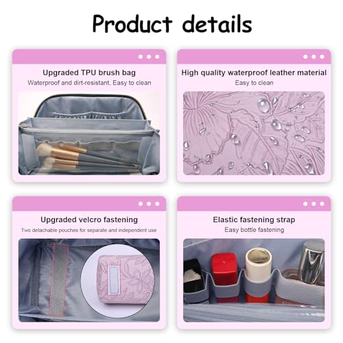 BOYATU Travel Makeup Bags Cosmetic Organizer Bag: 3-Set Make up Bag | Large Capacity PU Leather Toiletry Bags for Women - Wide Open Portable Pouch with Divider & Handle(Purple) - color: 01-Z-Light Purple