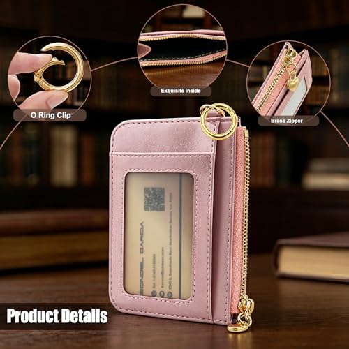 M-Plateau Key Chain Wallet for Women, Slim Credit Card Holder | Pink Mini Purse with ID Window, Zipper Pocket, Metal Key Ring - color: Rose Pink