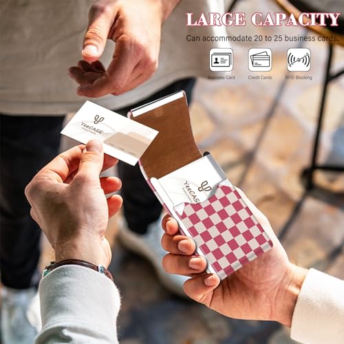 2Pack Leather Stainless Steel Business Card Holder, Metal Slim Business Card Case for Women or Men, Pocket Business Card Carrier with Prints, Magnetic Closure, RFID Blocking - color: Plaid-Pink