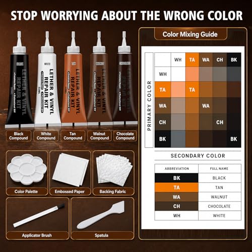 Brown Leather Repair Kit for Furniture, Car Seats, Couch, Steering Wheel, Leather and Vinyl Repair Kit with Super Easy Instructions, Efficiently Repairs Scratches, Peeling, Tears, Holes of All Leather