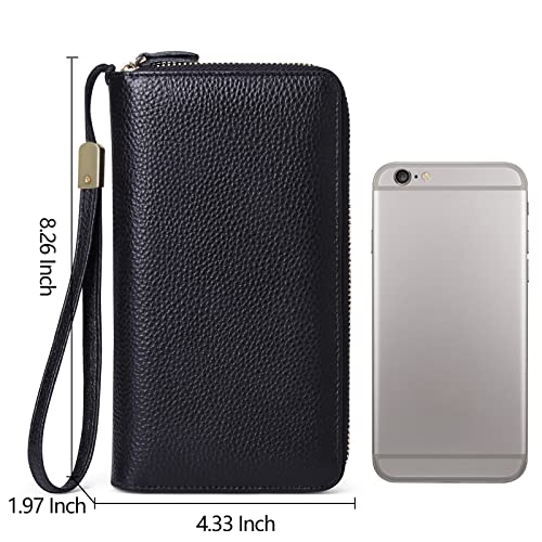 SENDEFN Leather Women Wallet RFID Blocking Zipper Around Phone Holder Clutch Wristlet Large Capacity - color: Black