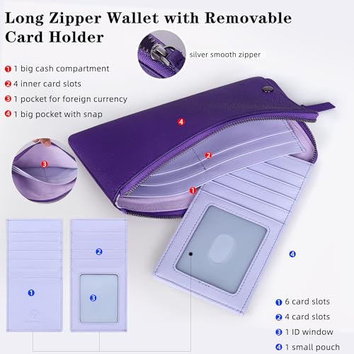 VISOUL Long Zipper Cash Wallet for Women with Removable Credit Card Holder Soft Genuine Pebbled Leather Contrast Color-Purple and Light Purple - color: Purple and Light Purple