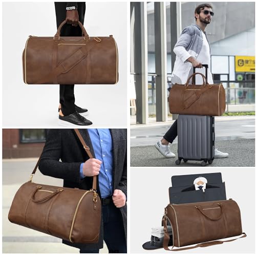 Convertible Garment Bag with Shoulder Strap, Carry on Garment Duffel Bag for Men Women,Waterproof & Wrinkle-Free Suit Carrier for Business Trips & Weekend Getaways, Foldable & Lightweight - color: Brown