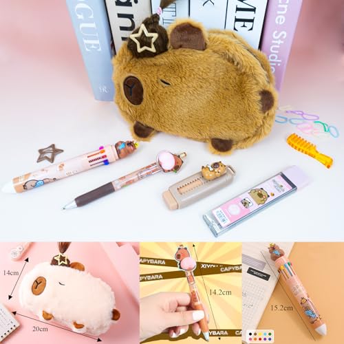KEYDUACU Cute Water Cavy Pencil Case with Hairstyle Kit, Large Capacity Water Guinea Pig Cute Animal School Supplies Bag with Pencil Set & 10-Color Pen(Beige) - color: beige